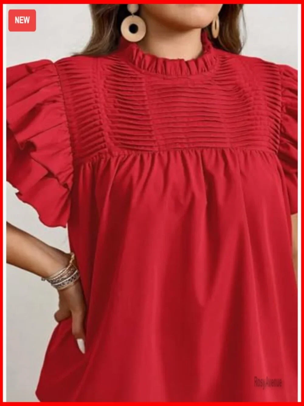 Women Summer Tops Plus Size Ruffle Sleeve Blouses Mock Neck Pleated Tunic Loose - Picture 4 of 7